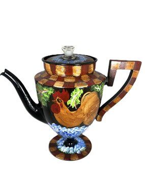 J.M. Stroud Black with Roosters Hand Painted Coffee Pot with Lid, 2009